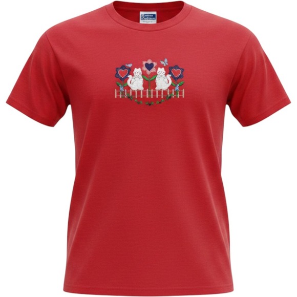 Endless Designs Tops - Endless Designs T-Shirt Womens L Red Embroidered Cat Floral 90s Cottagecore Tee